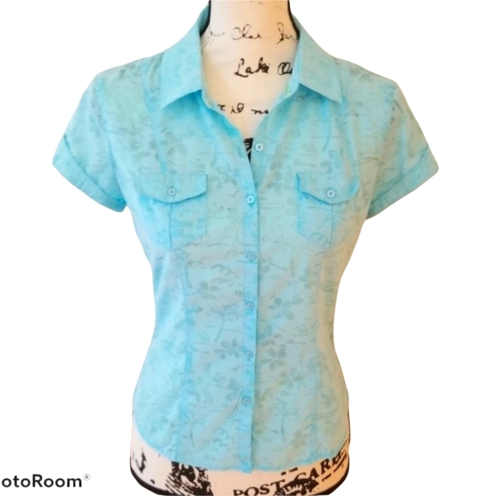 Lilu blue Floral button up cap cap sleeve shirt